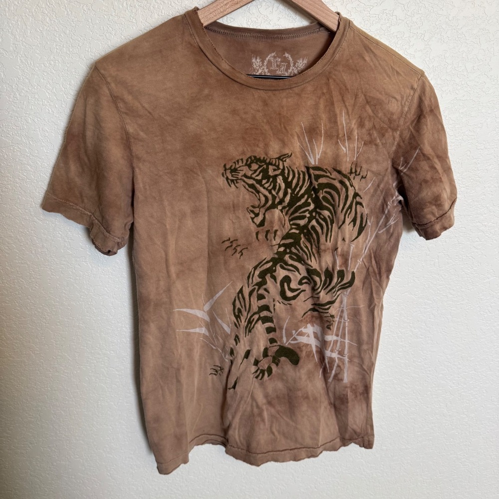 Vintage Grunge Streetwear Toxic Hazard Tiger Graphic Tee Small Brown Wash